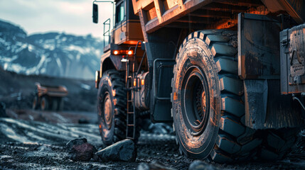 Close-up of a large mining haul truck tire on a rugged dirt road