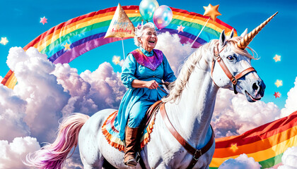 Eccentric elderly woman riding unicorn across rainbow sky, grandma's birthday