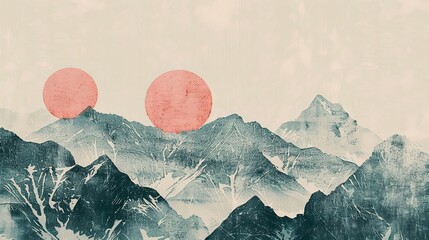 A painting of a ridge of mountains and the sun. Landscape at sunset or sunrise. Natural background in painted style. Illustration for cover, card, postcard, interior design, poster, brochure, etc.