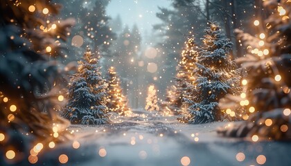 Winter Magic, Snow-covered trees adorned with twinkling lights in a winter wonderland setting, perfect for holiday-themed imagery