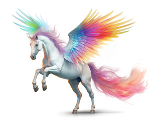 White pegasus horse with rainbow wings on isolated transparent background