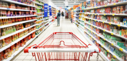 Pusty koszyk, wózek sklepowy w supermarkecie, rozmazane tło, wnętrze sklepu, supermarketu, wózek na zakupy, półki sklepowe z produktami. Hipermarket. Baner, miejsce na tekst.