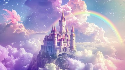 fantasy castle in the clouds with rainbow and unicorns whimsical digital painting