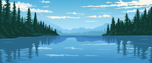 Vector illustration of a tranquil forest landscape with mountains, pine trees, and a reflective lake under a partly cloudy sky. Vector illustration
