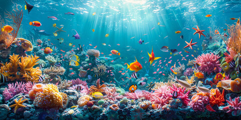 underwater sea with clear blue water with sunlight, coral reef teeming with colorful fish and starfish, showcasing the beauty of marine life. 