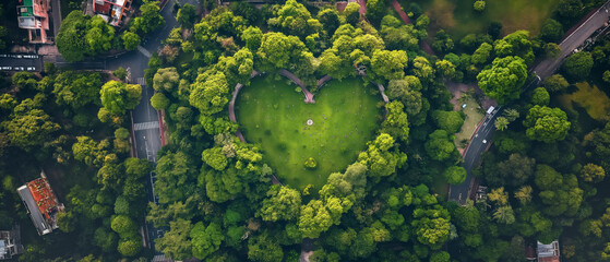 Lawn in green city park shaped as heart, aerial view from above. Generative AI