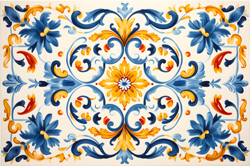 Pattern of azulejos tiles. Rustic blue and yellow tile watercolor seamless pattern