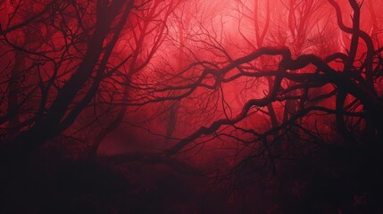 silhouette of twisted branches in red foggy forest eerie horror movie scene concept illustration