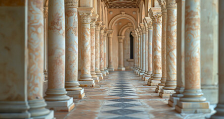 A long hallway with pillars and a marble floor