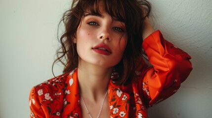 Indie sleaze style, woman in orange floral shirt, fashion lifestyle fashion model long hair elegance