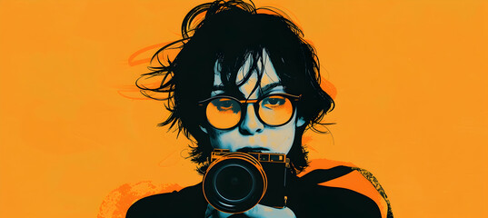 Generate a minimalist portrait of an indie film director, using camera lens shapes and sharp angles to reflect their creative and innovative filmmaking style