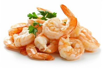 Boiled peeled shrimp on white background