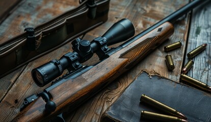 Bolt action scout rifle with scope on wood background Ammo and black book on table