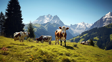 swiss cows are grazing in a flowery meadow, and pine trees at the swiss alps landscape