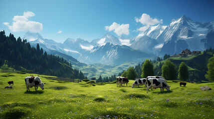 swiss cows are grazing in a flowery meadow, and pine trees at the swiss alps landscape