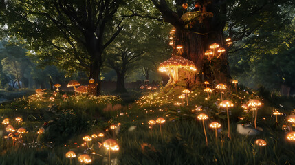 A forest of glowing mushrooms and flowers, in a fantasy world with a magical atmosphere