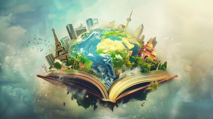 An open book with the Earth globe and various landscapes coming out of it. representing global knowledge. A creative concept for education or world history
