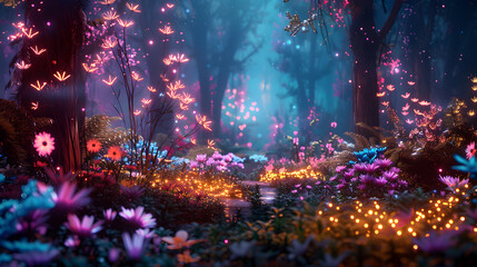Neon fairy tale forest with luminous flowers, mystery path in dark magical woods, glowing plants and lights in wonderland. Concept of fantasy night, beauty, nature, landscape, art