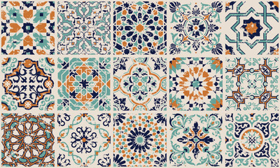 Majolica azulejos tiles patchwork wallpaper vector seamless pattern for fabric placemat rug carpet pillow tablecloth grunge effect in separate layer