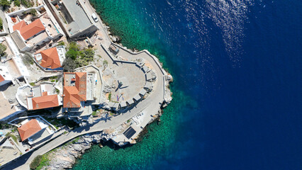 Aerial drone photo of picturesque and historic main village of Hydra or Ydra island well know for captain's mansions and marine tradition, Saronic gulf, Greece
