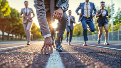 Group of business people running together on a track in the city. Display of teamwork and determination in a corporate race. Active lifestyle meets aspirations in a stadium.