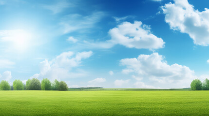Beautiful spring summer natural landscape. Green meadow grass and trees on blue sky background with sun and clouds on warm sunny day. Colorful bright nature wallpaper with copy space for text.