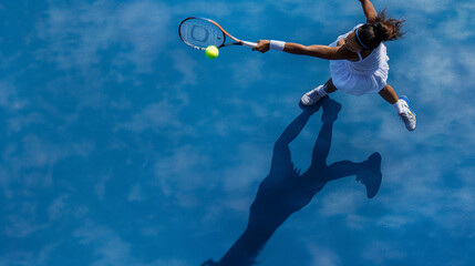 With the championship title on the line, a tennis player's focused gaze meets the ball mid-air as they deliver a powerful forehand shot, the blue court contrasting sharply against their white attire