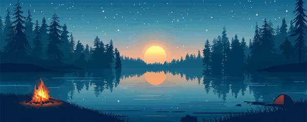 A beautiful lake with a campfire and a large sun in the sky
