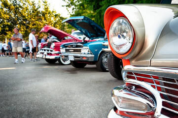 Vintage cars on display at classic automotive exhibition. 