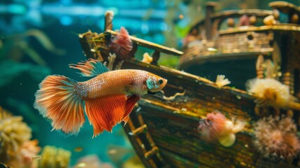 A Betta fish exploring a decorative shipwreck ornament in its aquarium, its curious nature adding a sense of adventure to its underwater world.