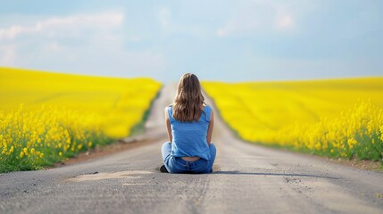  Smutna dziewczyna siedząca blisko pola z rzepakiem
