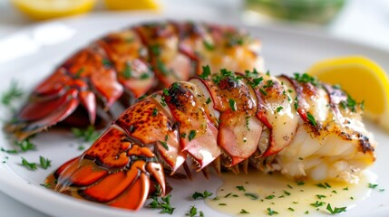 Rich, buttery lobster tails served with melted garlic butter, close-up shot on a pristine white plate, studio lighting to highlight the sheen and freshness