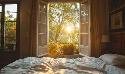 Wind blows into the open window of a vintage hotel room