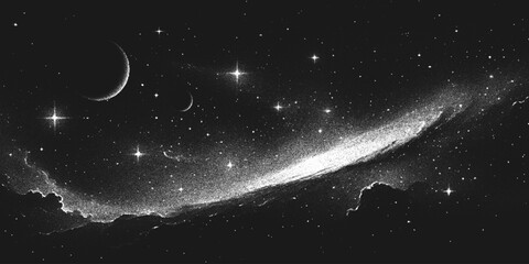 Deep space scene background in stippling style with spiral galaxy, glowing nebula and stars. Retro styled dotwork. Pointillism. Panorama. Noisy grainy shading using dots. Vector illustration