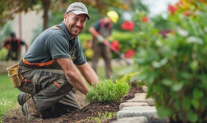 Handsome landscape garden worker portrait on the job site with his crew in the background, blue collar, outdoor, mature, planting shrubs perennials masonry