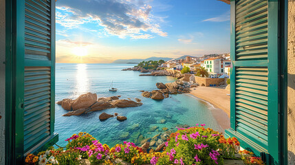 View through an open window with shutters of the sandy beach, rocky coastline and whitewashed mediterranean town