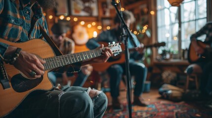 An indie folk band practices in a cozy living room.
