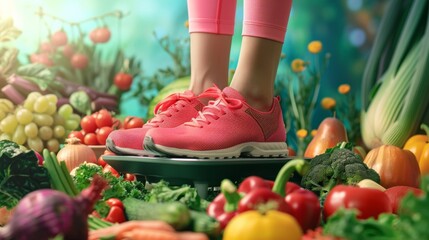  A woman is standing on digital scales, wearing pink running shoes and surrounded by colorful vegetables and fruits
