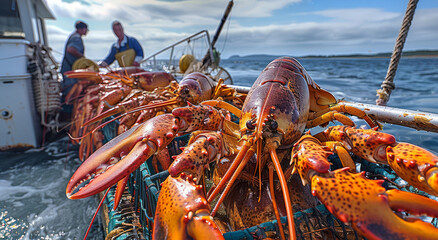 A fishing boat is engaged in lobster fishing, with numerous giant lobsters being lifted onto the deck by fishermen. The large lobsters. Generative AI.