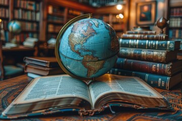 Depicting a traditional globe on an open book, surrounded by shelves of books, this image invokes exploration, learning, and history