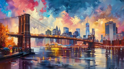 Oil painting on canvas, New York City - beautiful bridge manhattan with manhattan and brooklyn bridge, USA