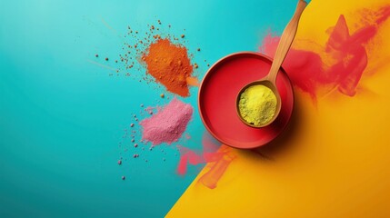 Czerwona miseczka z kolorowym pyłem obok łyżki