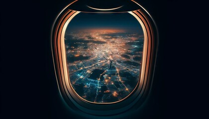 A view from a plane window overlooking a sprawling city lit up at night, with the lights forming a glittering pattern below.