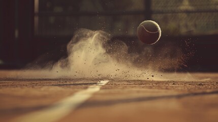 A close up of a tennis ball bouncing on a clay court with background.