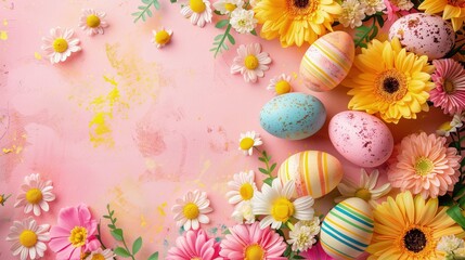 Na różowym tle widoczne są kolorowe jajka wielkanocne oraz kwiaty. Obraz nawiązuje do święta Wielkanocy i wiosny