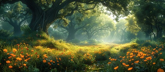 Fantasy forest with giant trees, flowers and plants, magical path through the green woods, fantasy landscape. Enchanted world of fairy tale, cinematic lighting, wide angle.