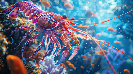 A big sea shrimp with tentacles swimming in a deep beautiful blue ocean