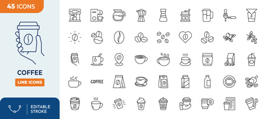 coffee icon set. Contain icons related to coffee, mug, coffee cup, coffee machine, coffee beans, and more. Outline Icon Collection. Editable stroke. Vector illustration 