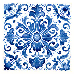 Rustic blue tile watercolor seamless pattern. Pattern of azulejos tiles