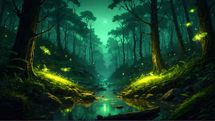 Fireflies in a green glowing forest, moonlit star sky, stream, digital illustration, epic fantasy scenery, high detail